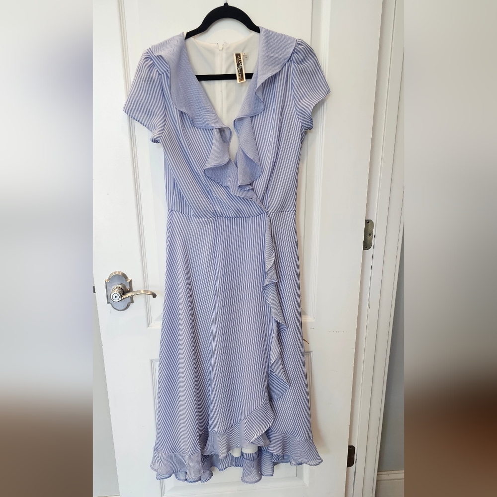 Julian Taylor Blue and White Stripe Dress With Ruffles